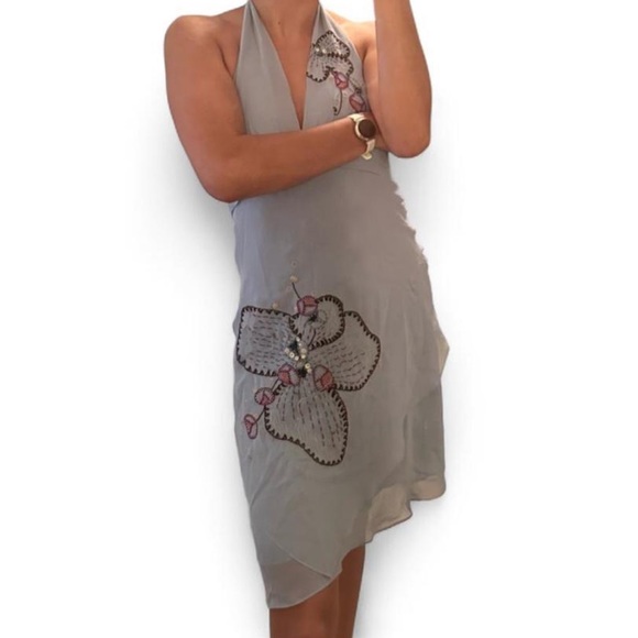 BCBGMaxAzria Dresses & Skirts - Vintage BCBG MaxAzria Embroidered Blue Floral Y2K Asymmetrical Halter Dress